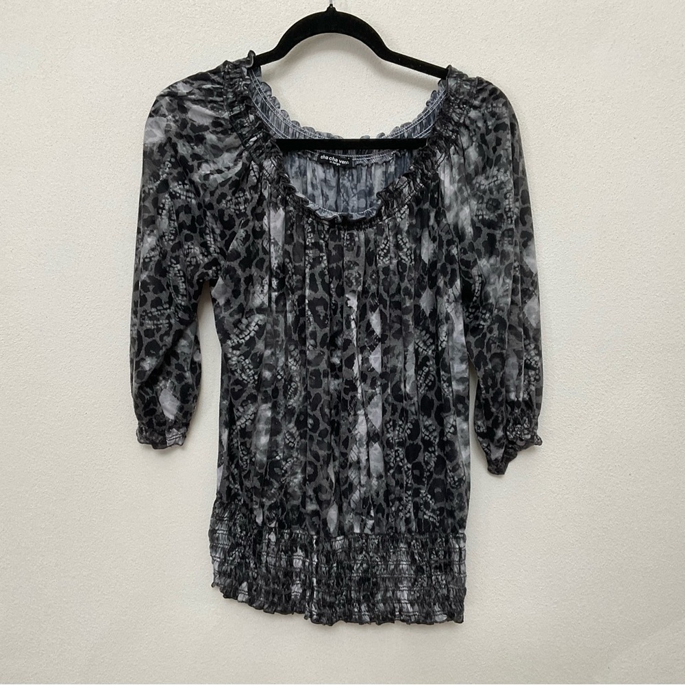 Cha Cha Vente Black, Grey Mixed Pattern Smocked Half Sleeve Top Size XL